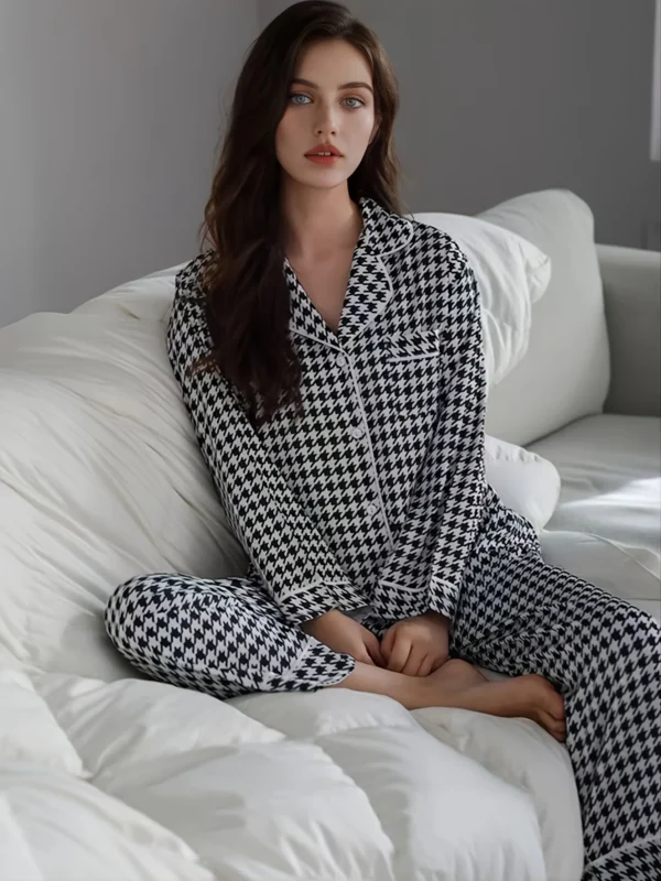 طقم بيجامة كلاسيكي أنيق مطبوع عليه أزرار جيب قميص غير رسمي بأكمام طويلة بيجامات وبنطلون ملابس نسائية للاستلقاء