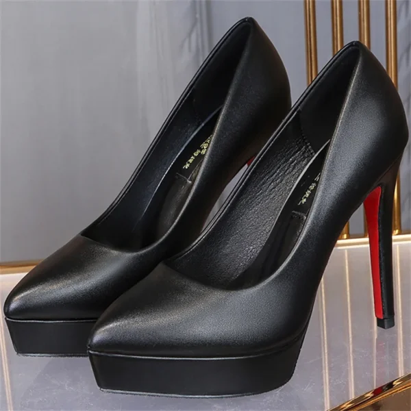 الفاخرة النساء مضخات ربيع الخريف الانزلاق على منصة بولي Leather الجلود 12 سنتيمتر الكعوب رقيقة الكورية نمط أحذية مهنة النساء عادية أسود